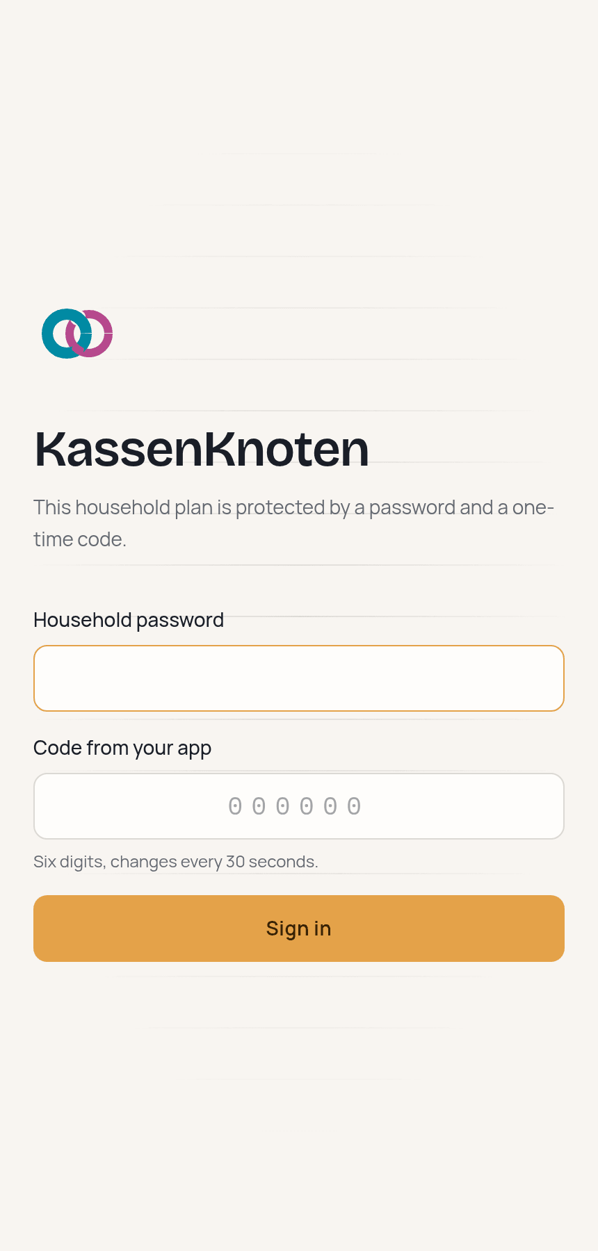 The sign-in screen with the household password and the field for the one-time code.