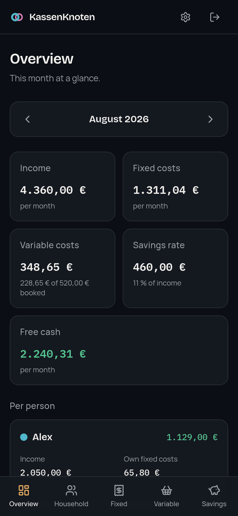 The overview on a phone in dark mode.