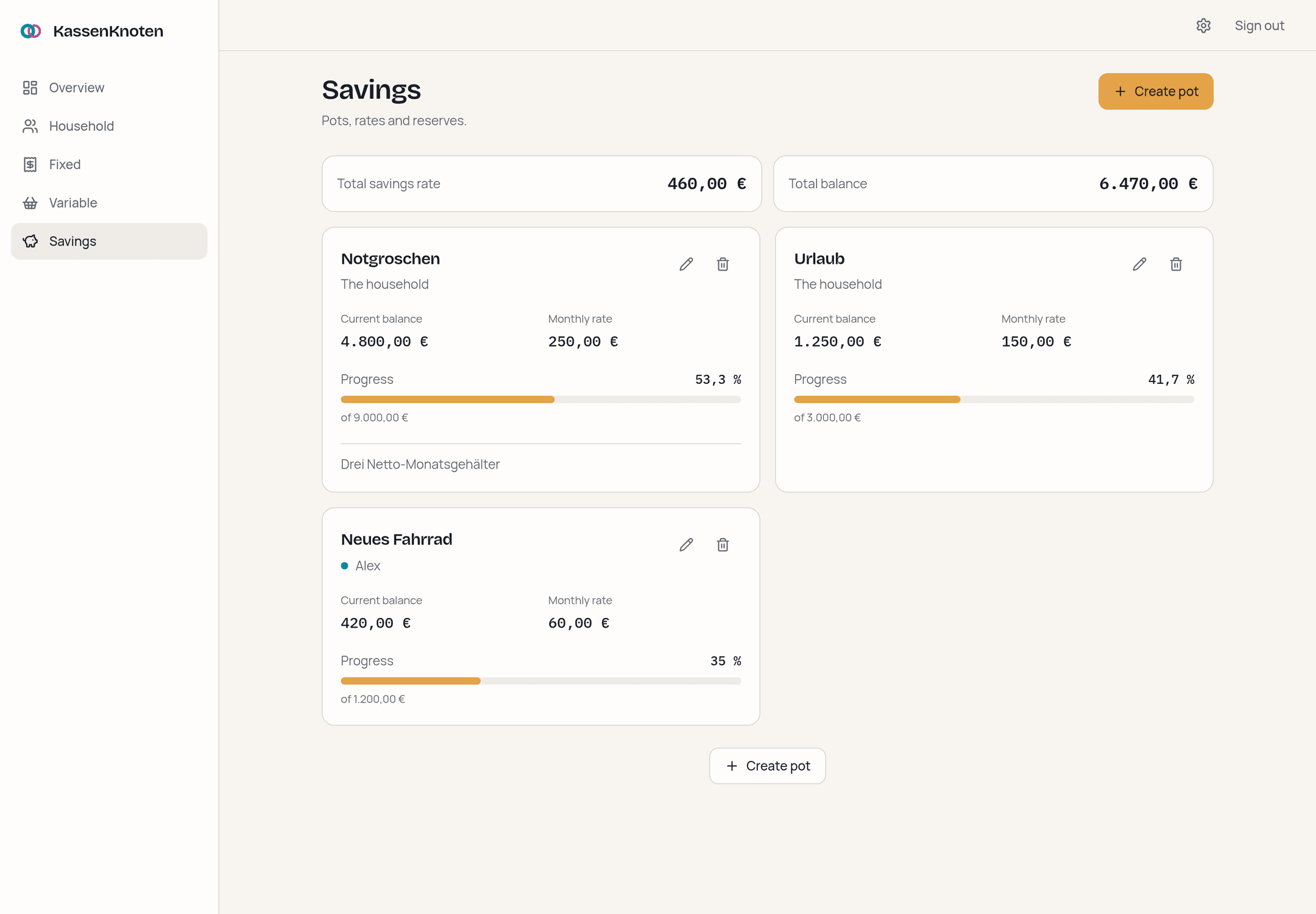 Savings pots with a monthly rate, current balance, target and a progress bar.