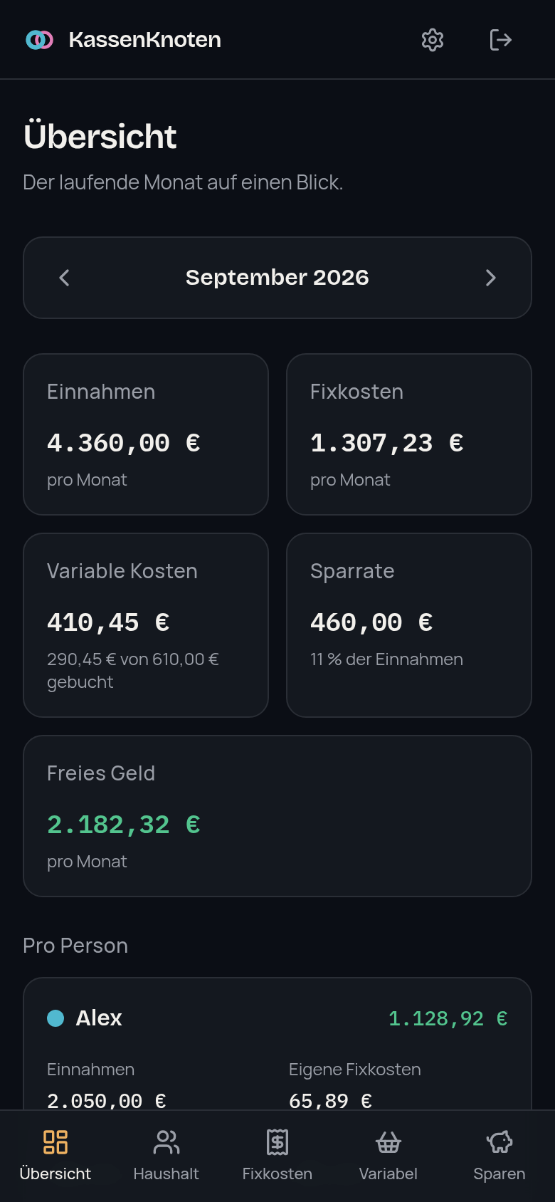 Die Übersicht auf einem Telefon im dunklen Thema.
