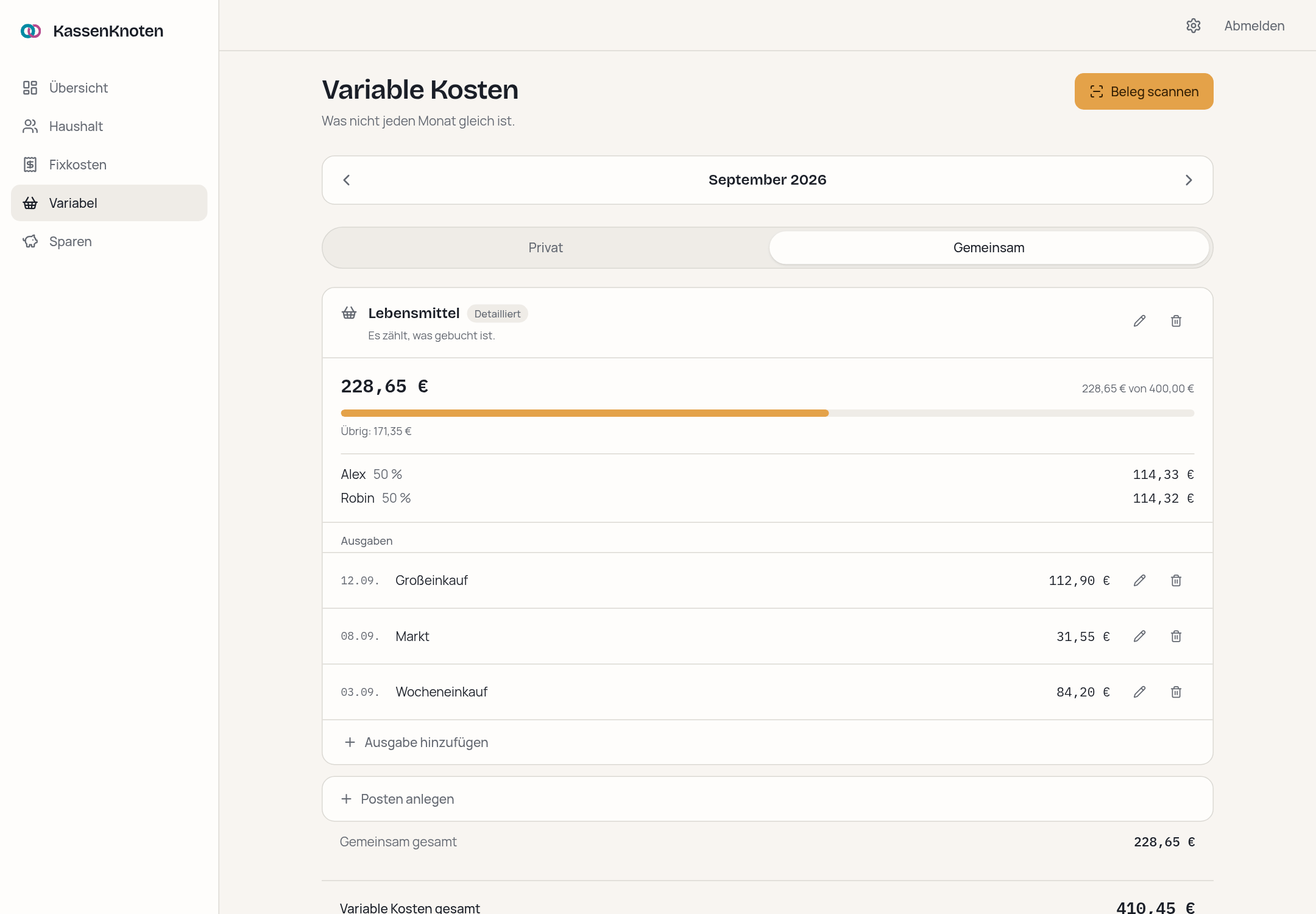 Variable Kosten: ein gemeinsames Budget im Detail-Modus mit Fortschrittsbalken, den Anteilen beider Personen und den einzelnen Ausgaben mit Datum.